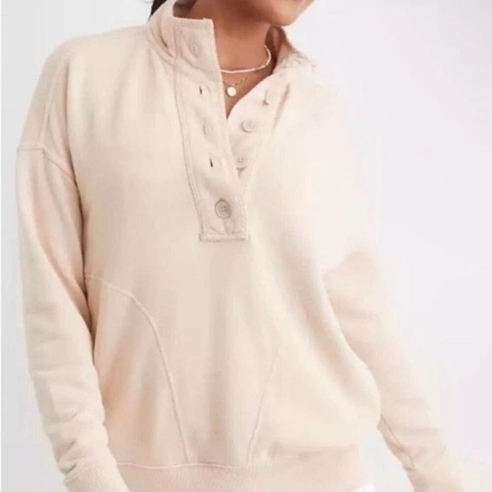 *NWT Aerie The Good Times Henley Sweatshirt Sandalwood Cream Beige M